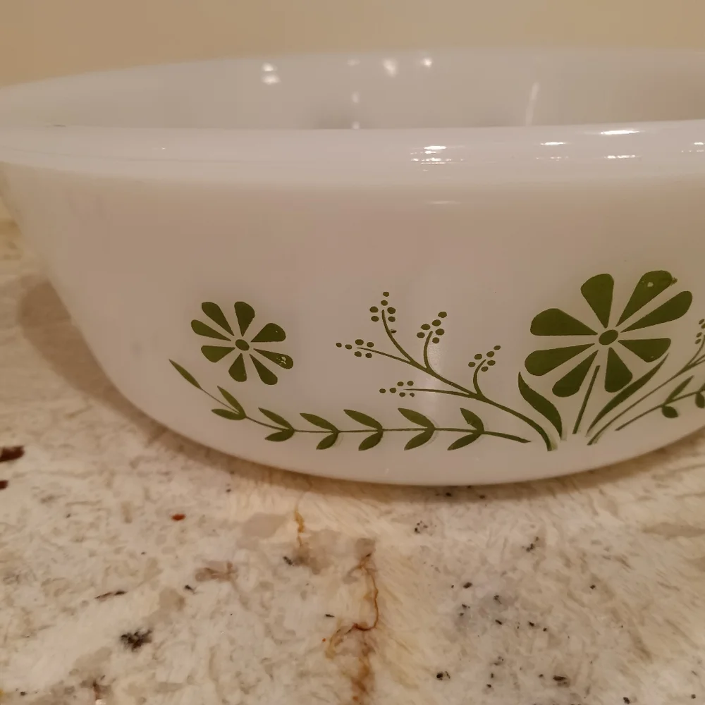Vintage Glasbake 2 Quart Baking Dish White Green Floral